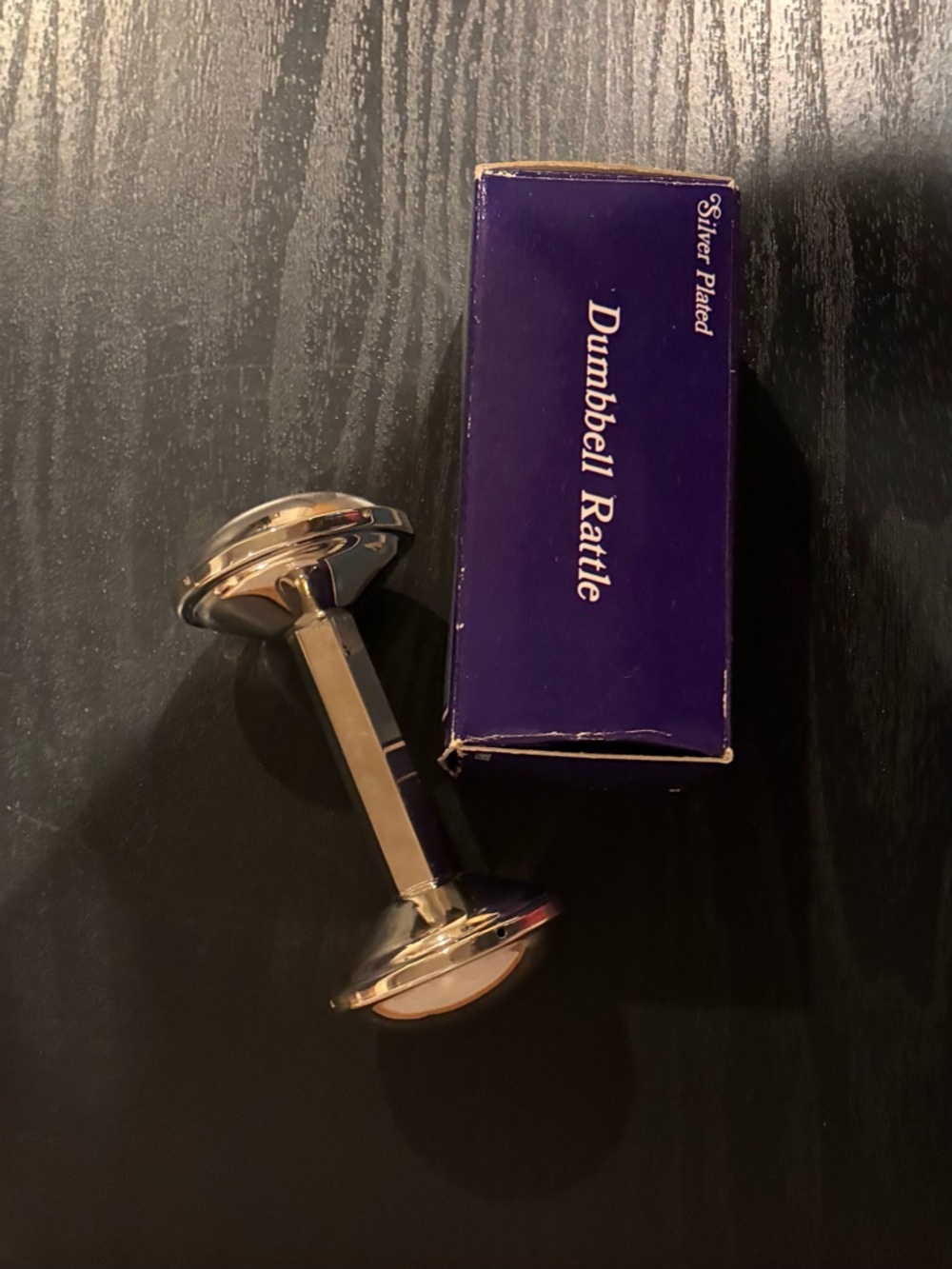 NIB Silver Plated Dumbbell Rattle, Circa 1980s